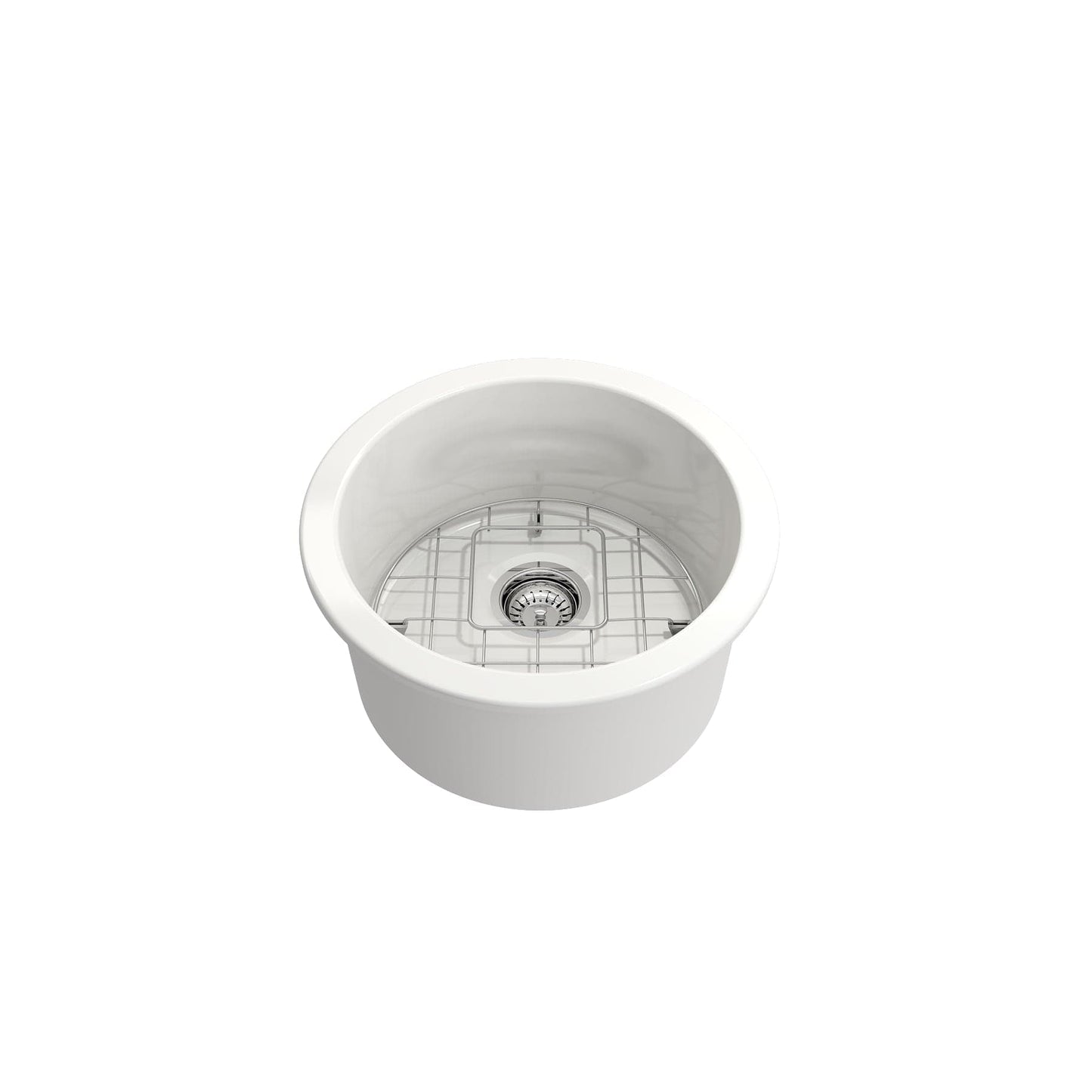 BOCCHI SOTTO 18.5" Fireclay Modern Undermount Single Bowl Kitchen Sink with Protective Bottom Grid and Strainer top view in white finish.