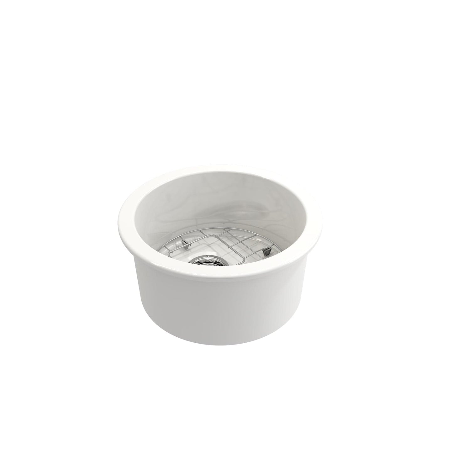 BOCCHI SOTTO 18.5" Fireclay Modern Undermount Single Bowl Kitchen Sink with Protective Bottom Grid and Strainer top view in white finish.