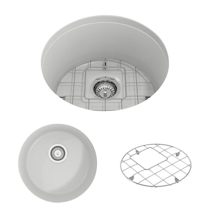 Top view of BOCCHI SOTTO 18.5" Fireclay Modern Undermount Single Bowl Kitchen Sink with Protective Bottom Grid and Strainer in Matte White.