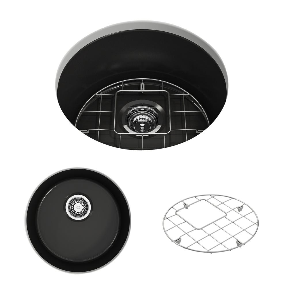 BOCCHI SOTTO 18.5" Fireclay Modern Undermount Single Bowl Kitchen Sink with Protective Bottom Grid and Strainer, Matte Black top view and protective grid.