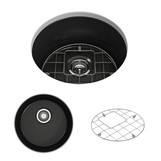 BOCCHI SOTTO 18.5" Fireclay Modern Undermount Single Bowl Kitchen Sink with Protective Bottom Grid and Strainer, Matte Black top view and protective grid.