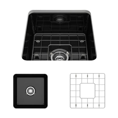BOCCHI SOTTO 18" Fireclay Modern Undermount Single Bowl Kitchen Sink with Protective Bottom Grid and Strainer top view in black