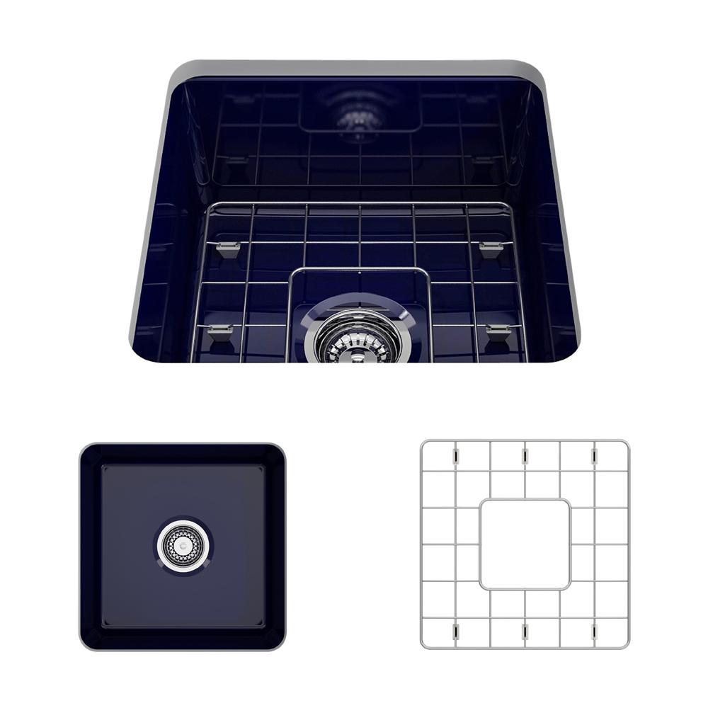 BOCCHI SOTTO 18" Fireclay Modern Undermount Single Bowl Kitchen Sink with Protective Bottom Grid and Strainer top view in Sapphire Blue