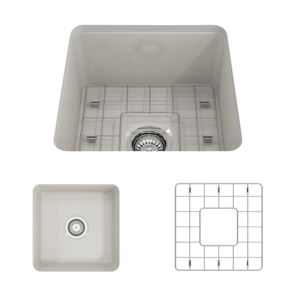 BOCCHI SOTTO 18" Fireclay Modern Undermount Single Bowl Kitchen Sink with Protective Bottom Grid and Strainer, top view in light grey finish.