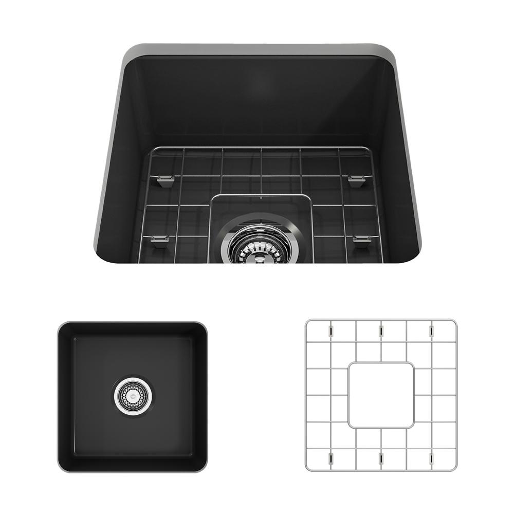 Top view of BOCCHI SOTTO 18" Fireclay Modern Undermount Single Bowl Kitchen Sink with Protective Bottom Grid and Strainer in Matte Dark Gray.