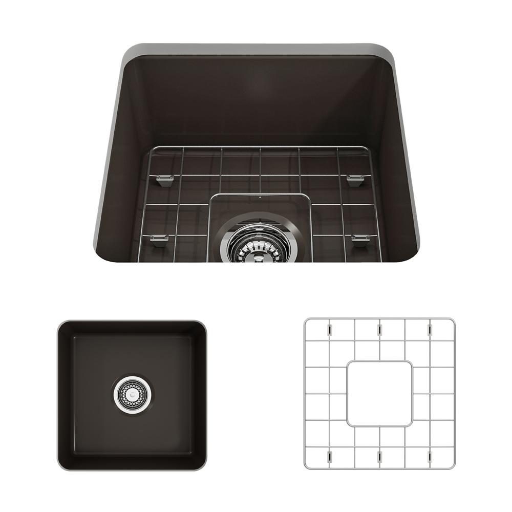 Top view of BOCCHI SOTTO 18" Fireclay Modern Undermount Single Bowl Kitchen Sink with Protective Bottom Grid and Strainer in Matte Brown.
