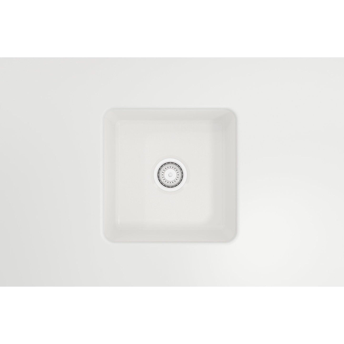 BOCCHI SOTTO 18" Fireclay Modern Undermount Single Bowl Kitchen Sink with Protective Bottom Grid and Strainer top view in white finish.