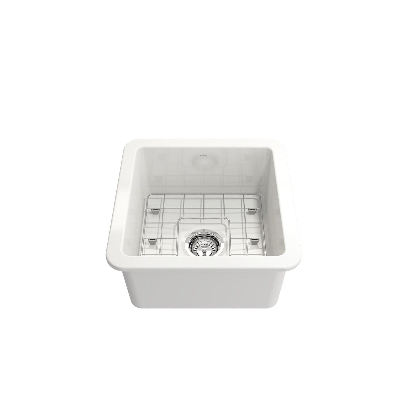 BOCCHI SOTTO 18" Fireclay Modern Undermount Single Bowl Kitchen Sink with Protective Bottom Grid and Strainer top view in white