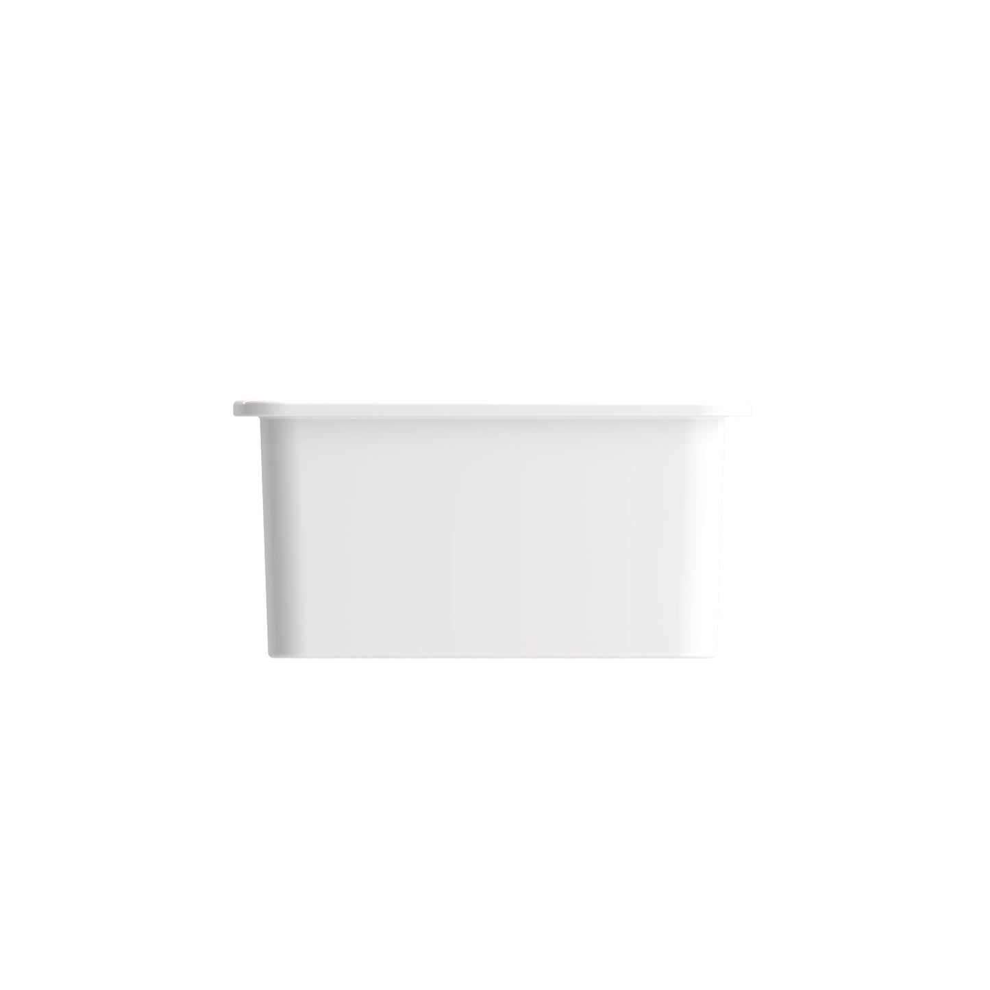 Side view of BOCCHI SOTTO 18" Fireclay Modern Undermount Single Bowl Kitchen Sink with Protective Bottom Grid and Strainer in white.