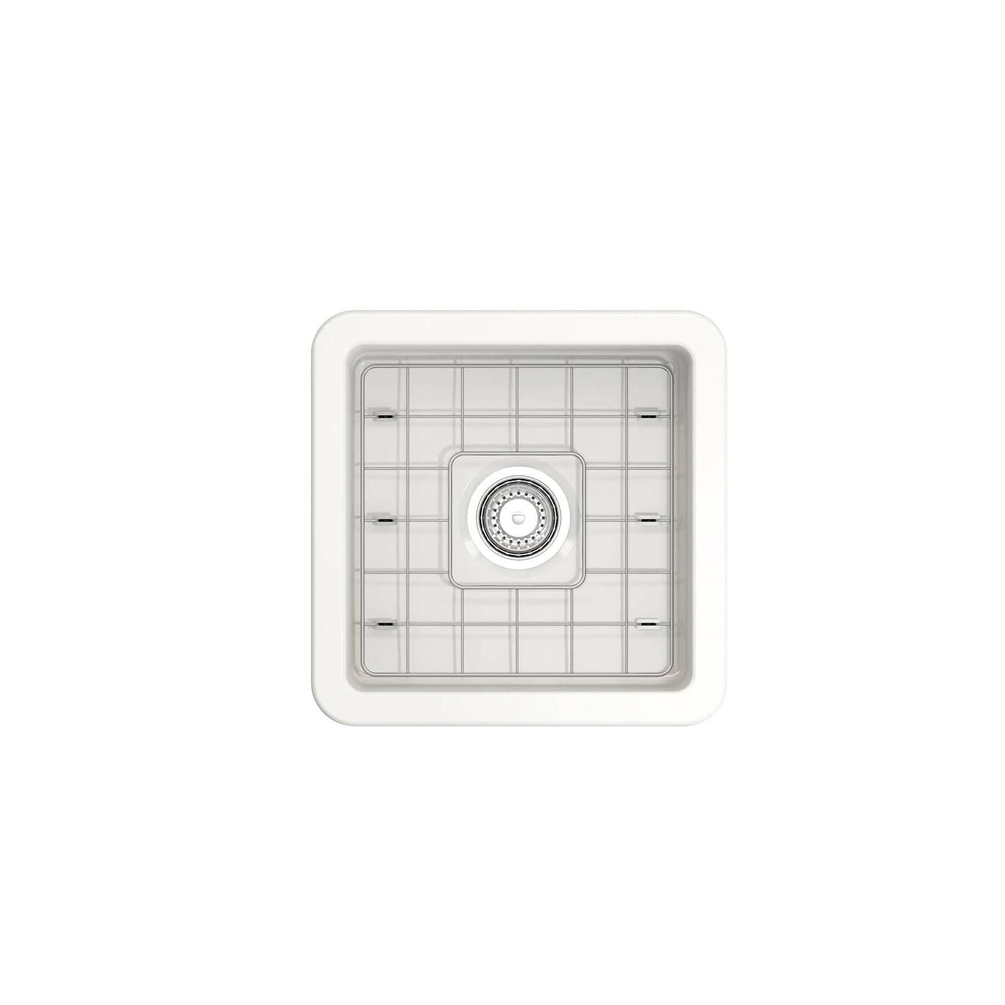 Top view of BOCCHI SOTTO 18" Fireclay Modern Undermount Single Bowl Kitchen Sink with Protective Bottom Grid and Strainer.