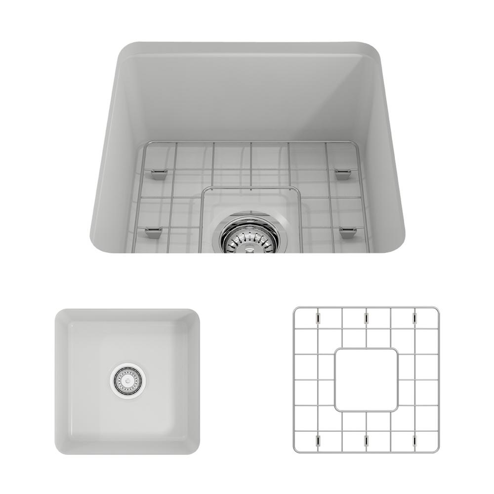 Top view of BOCCHI SOTTO 18" Fireclay Modern Undermount Single Bowl Kitchen Sink with Protective Bottom Grid and Strainer in Matte White.