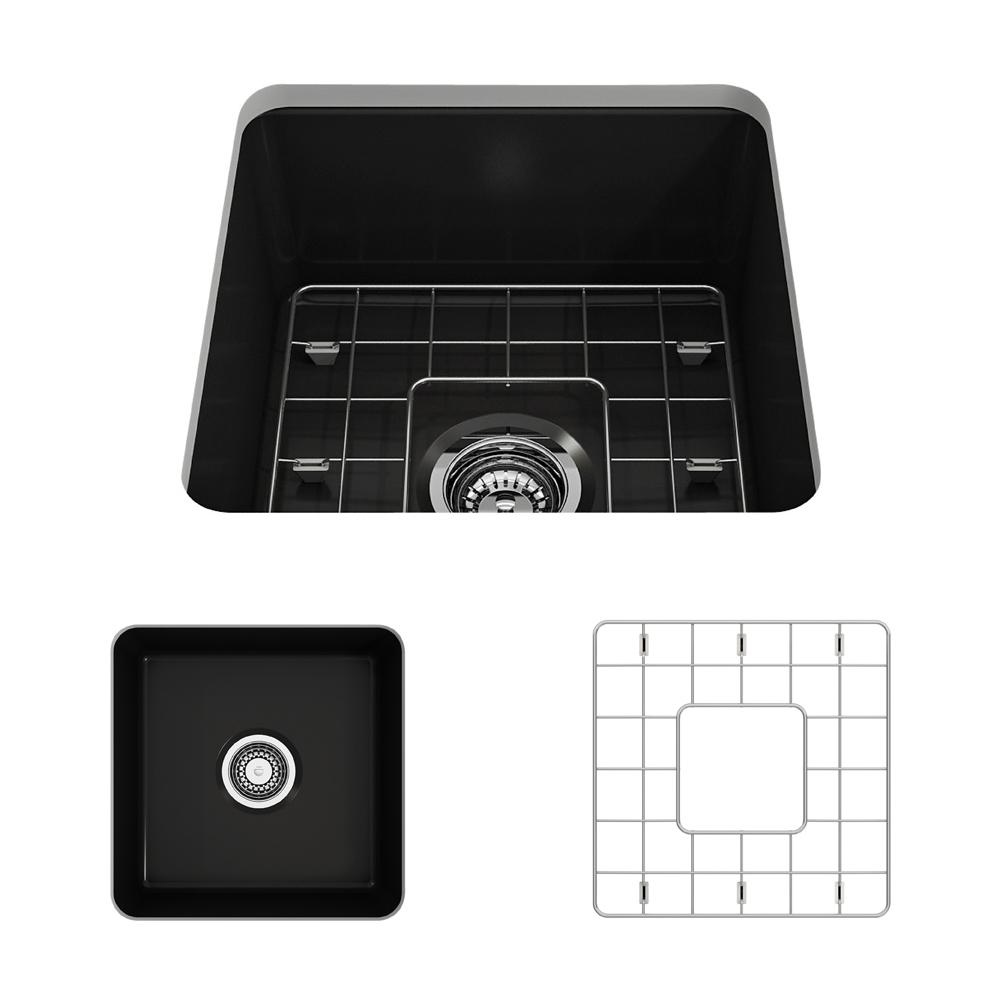 Top view of BOCCHI SOTTO 18" Fireclay Modern Undermount Single Bowl Kitchen Sink with Protective Bottom Grid and Strainer in Matte Black.