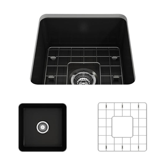 Top view of BOCCHI SOTTO 18" Fireclay Modern Undermount Single Bowl Kitchen Sink with Protective Bottom Grid and Strainer in Matte Black.