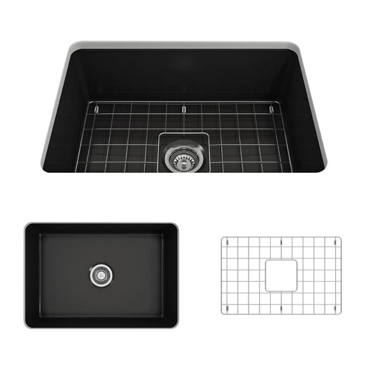 Top view of BOCCHI SOTTO 27" Fireclay Modern Undermount Single Bowl Kitchen Sink with Protective Bottom Grid and Strainer in matte black.