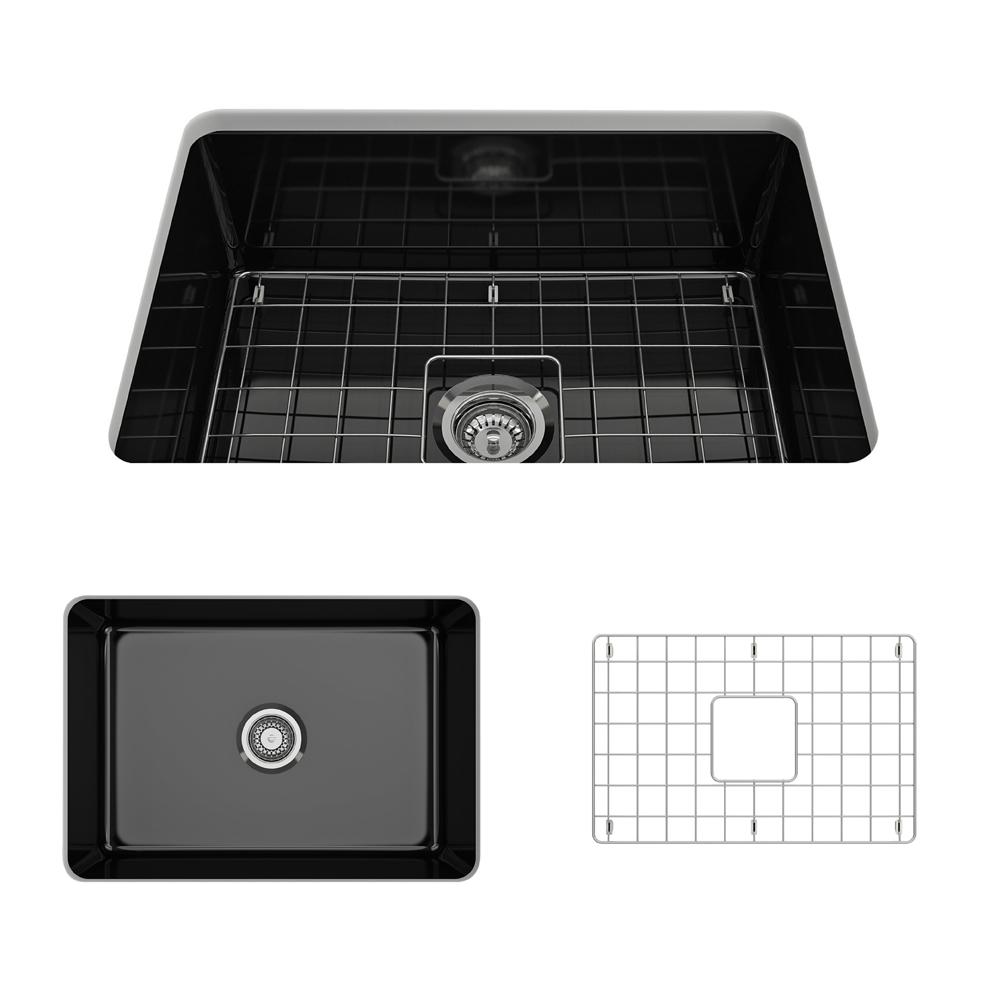 Top view of BOCCHI SOTTO 27" Fireclay Modern Undermount Single Bowl Kitchen Sink with Protective Bottom Grid and Strainer in black.