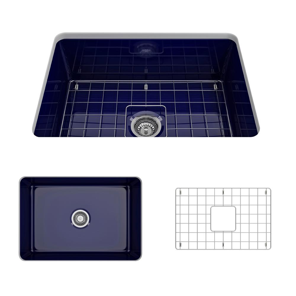 BOCCHI SOTTO 27" Fireclay Modern Undermount Single Bowl Kitchen Sink with Protective Bottom Grid and Strainer in Sapphire Blue top view