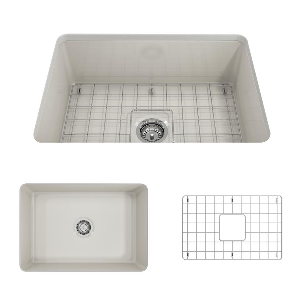 BOCCHI SOTTO 27" Fireclay Modern Undermount Single Bowl Kitchen Sink with Protective Bottom Grid and Strainer in Biscuit color, top view.