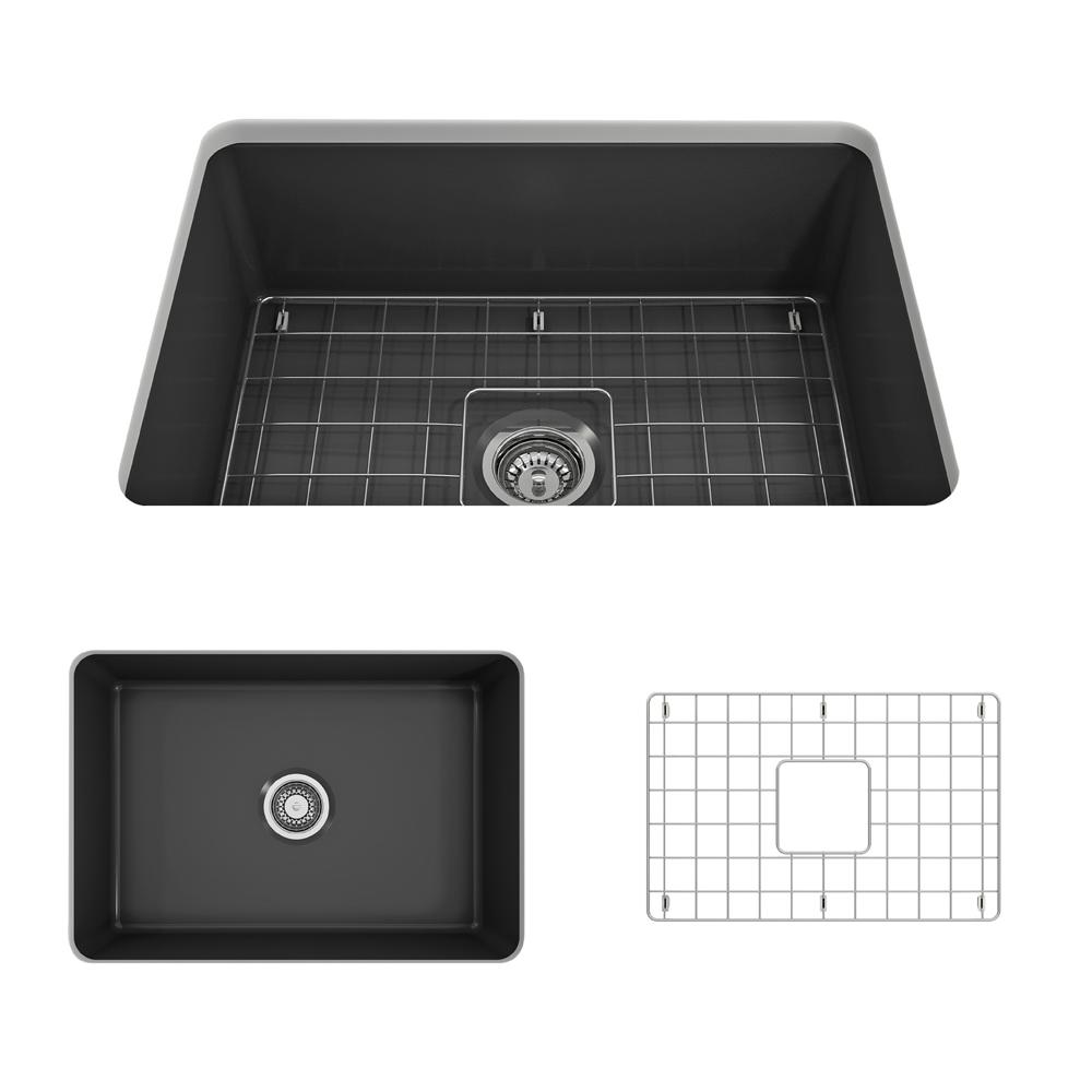 Top view and overhead of BOCCHI SOTTO 27" Fireclay Modern Undermount Single Bowl Kitchen Sink with Protective Bottom Grid and Strainer, Matte Dark Gray.