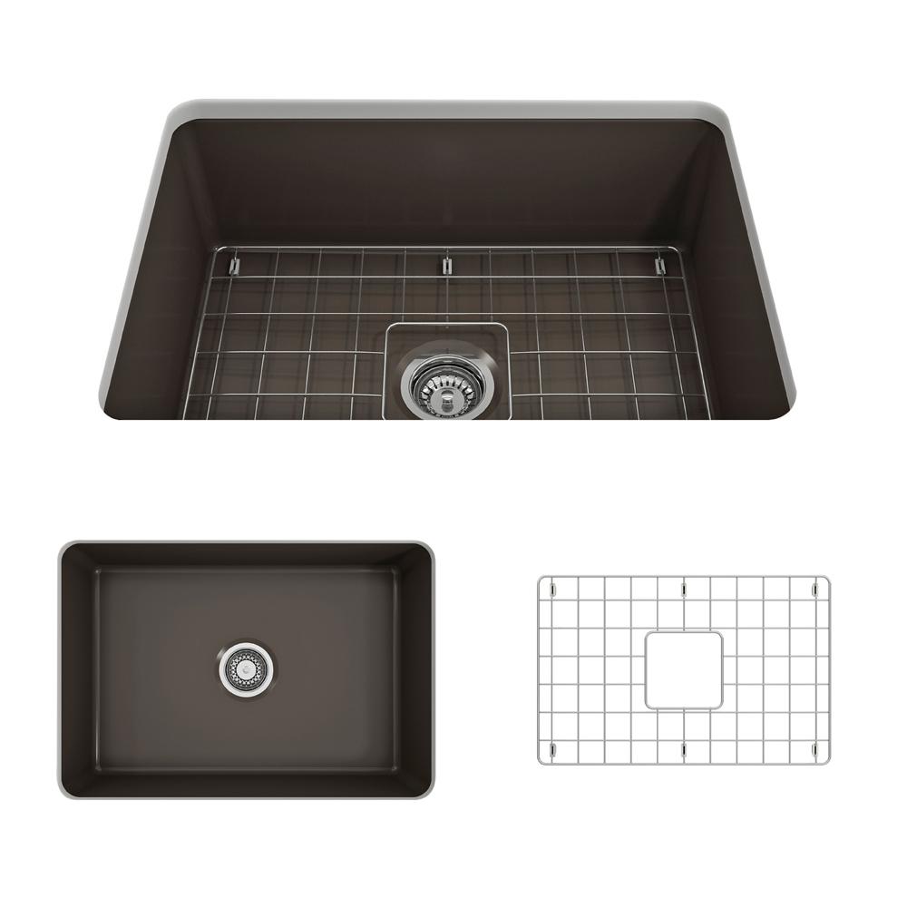 BOCCHI SOTTO 27" Fireclay Modern Undermount Single Bowl Kitchen Sink with Protective Bottom Grid and Strainer top view in matte brown color.
