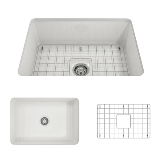 BOCCHI SOTTO 27" Fireclay Modern Undermount Single Bowl Kitchen Sink with Protective Bottom Grid and Strainer top view and right side view