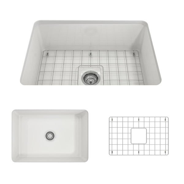 BOCCHI SOTTO 27 Fireclay Modern Undermount Single Bowl Kitchen Sink with Protective Bottom Grid and Strainer, WHITE - 1360-001-0120 - Manor House Sinks