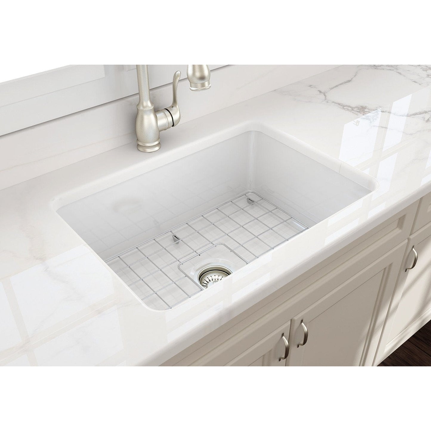 BOCCHI SOTTO 27" Fireclay Modern Undermount Single Bowl Kitchen Sink with Protective Bottom Grid and Strainer top view with faucet