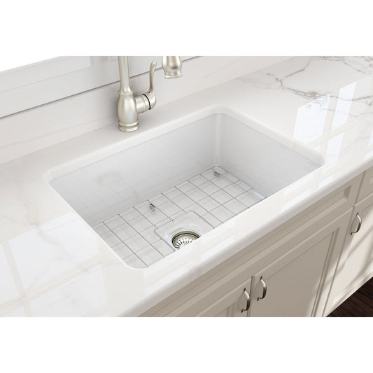 BOCCHI SOTTO 27" Fireclay Modern Undermount Single Bowl Kitchen Sink with Protective Bottom Grid and Strainer
