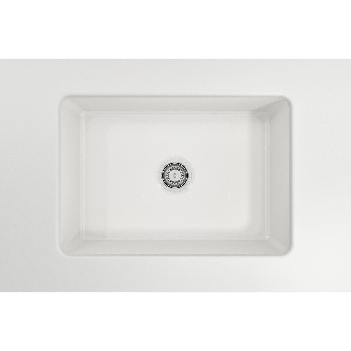 Top view of BOCCHI SOTTO 27" Fireclay Modern Undermount Single Bowl Kitchen Sink with Protective Bottom Grid and Strainer in white.