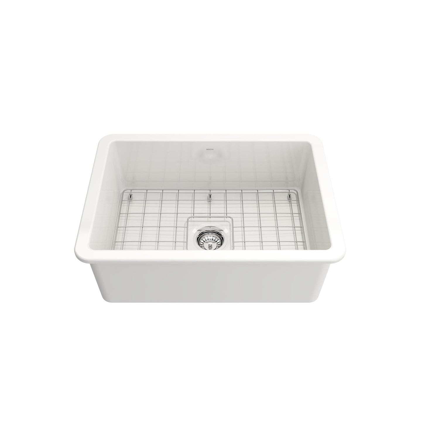 Top view of BOCCHI SOTTO 27" Fireclay Modern Undermount Single Bowl Kitchen Sink with Protective Bottom Grid and Strainer.