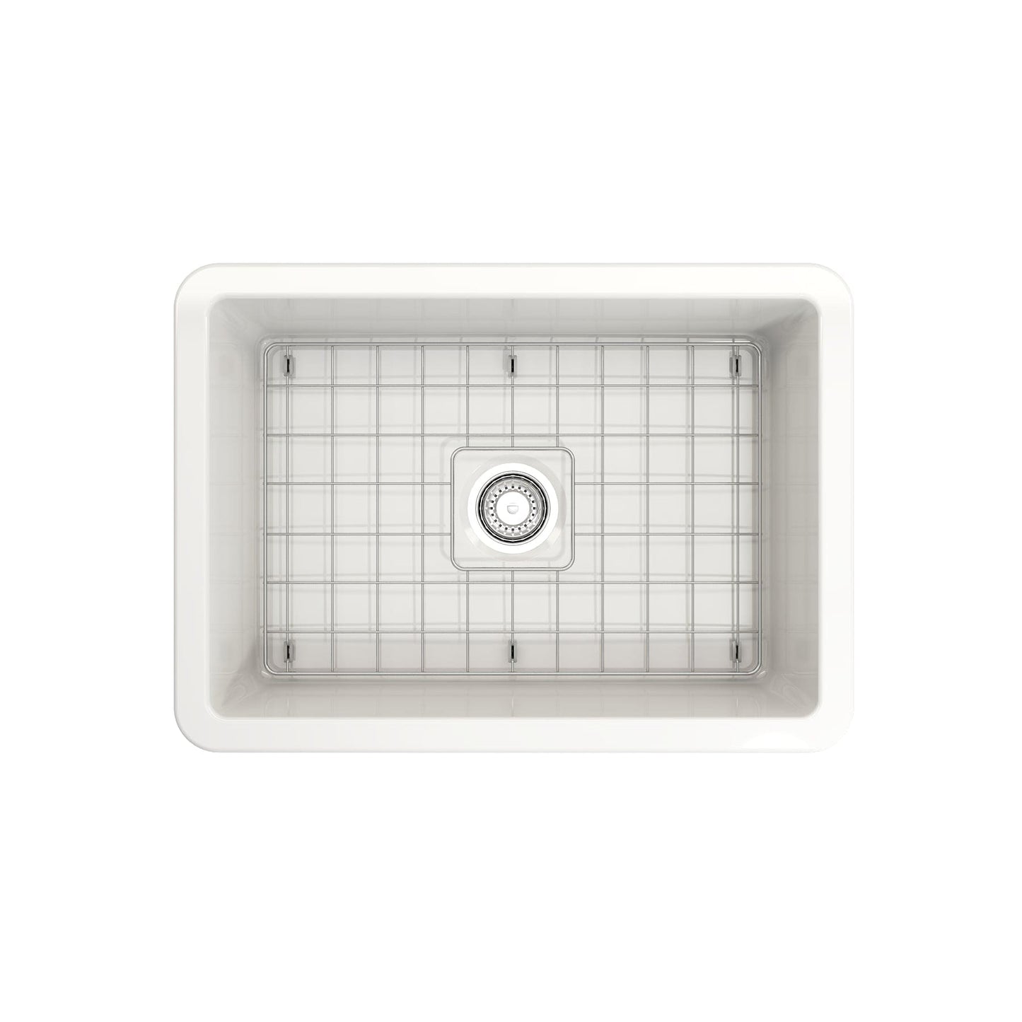 Top view of BOCCHI SOTTO 27" Fireclay Modern Undermount Single Bowl Kitchen Sink with Protective Bottom Grid and Strainer.
