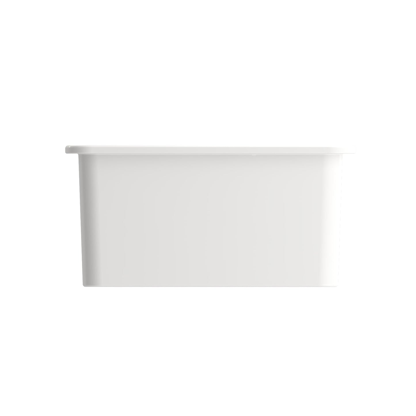BOCCHI SOTTO 27" Fireclay Modern Undermount Single Bowl Kitchen Sink with Protective Bottom Grid and Strainer - white finish, right side view.