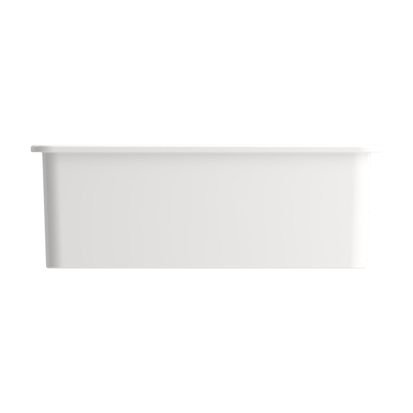 BOCCHI SOTTO 27" Fireclay Modern Undermount Single Bowl Kitchen Sink with Protective Bottom Grid and Strainer in white, front view.