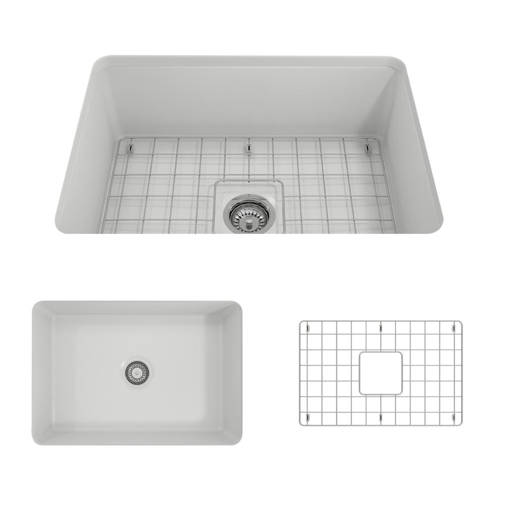 BOCCHI SOTTO 27" Fireclay Modern Undermount Single Bowl Kitchen Sink with Protective Bottom Grid and Strainer top view and grid