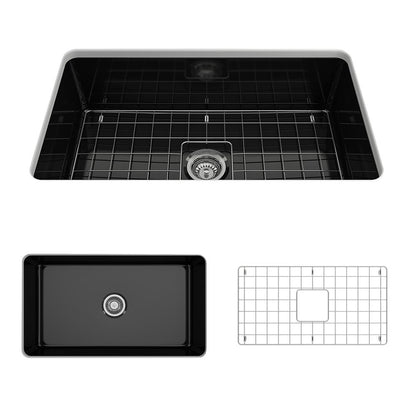 BOCCHI SOTTO 32" Fireclay Modern Undermount Single Bowl Kitchen Sink with Protective Bottom Grid and Strainer, black top view