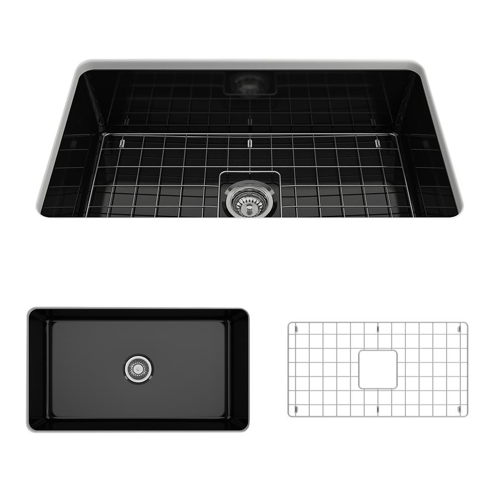 BOCCHI SOTTO 32" Fireclay Modern Undermount Single Bowl Kitchen Sink with Protective Bottom Grid and Strainer, black top view