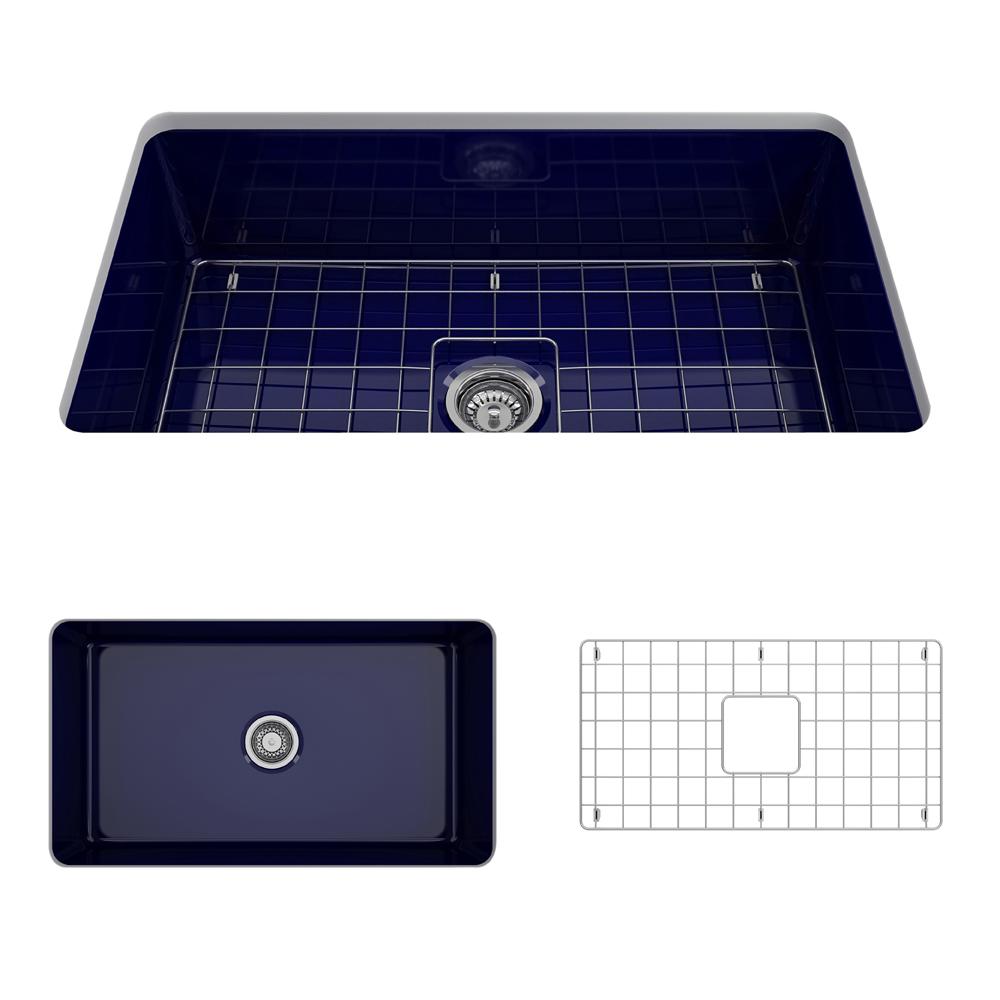 BOCCHI SOTTO 32" Fireclay Modern Undermount Single Bowl Kitchen Sink with Protective Bottom Grid and Strainer top view in Sapphire Blue