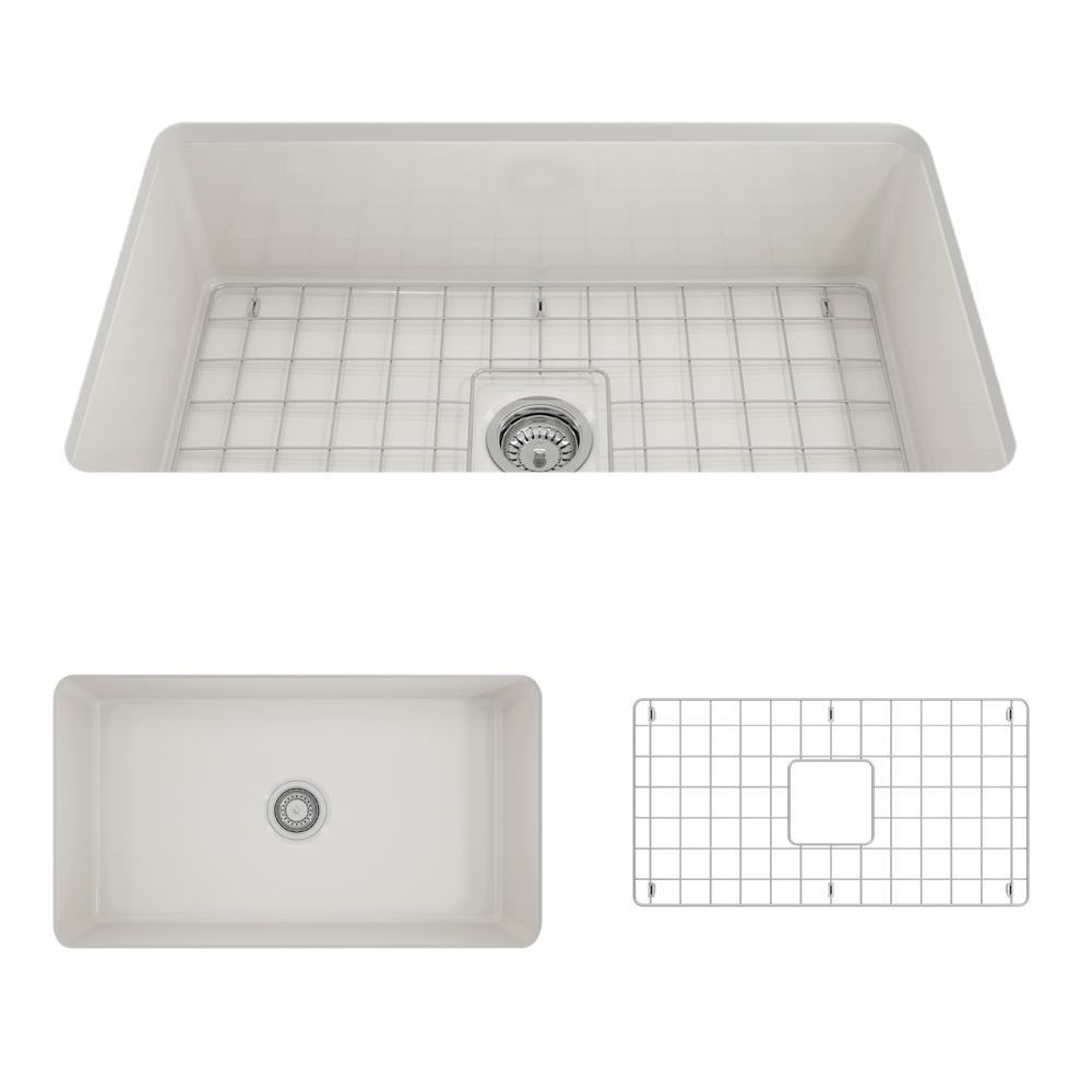 Top and front view of BOCCHI SOTTO 32" Fireclay Modern Undermount Single Bowl Kitchen Sink with Protective Bottom Grid and Strainer in Biscuit color.