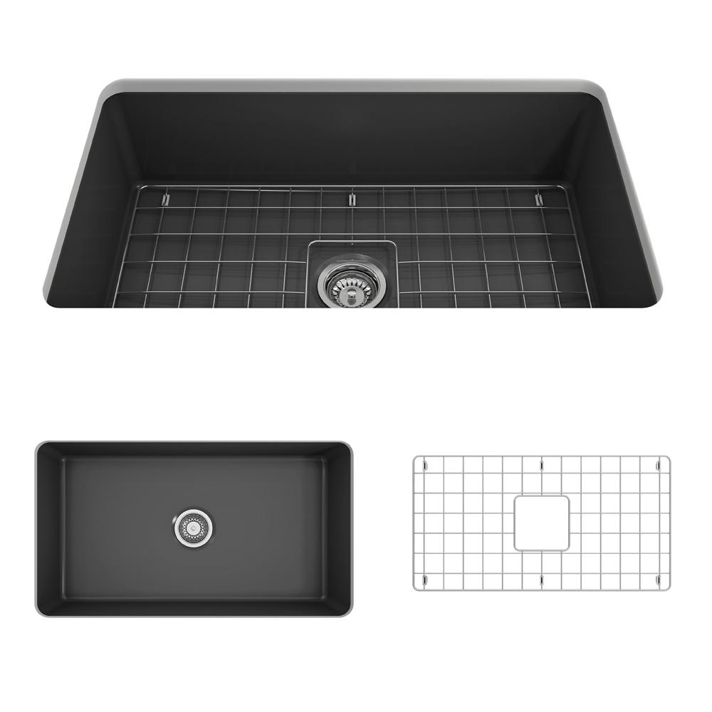 Top view of BOCCHI SOTTO 32" Fireclay Modern Undermount Single Bowl Kitchen Sink with Protective Bottom Grid and Strainer in Matte Dark Gray.