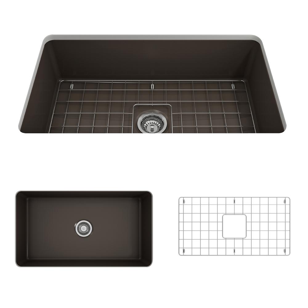 BOCCHI SOTTO 32" Fireclay Modern Undermount Single Bowl Kitchen Sink with Protective Bottom Grid and Strainer, top view in matte brown.
