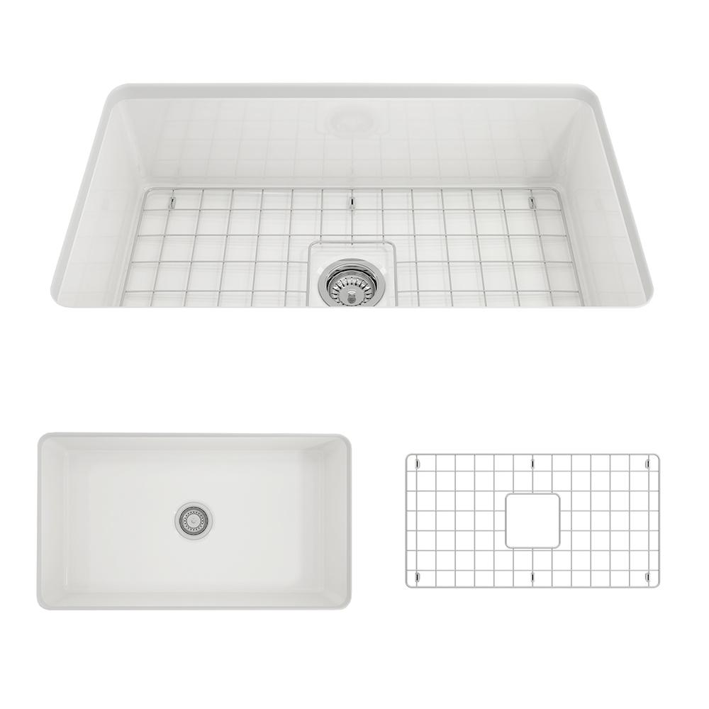 Top view of BOCCHI SOTTO 32" Fireclay Modern Undermount Single Bowl Kitchen Sink with Protective Bottom Grid and Strainer.