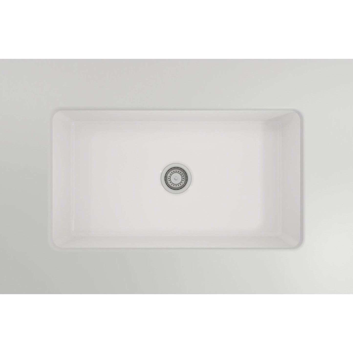 BOCCHI SOTTO 32" Fireclay Modern Undermount Single Bowl Kitchen Sink with Protective Bottom Grid and Strainer top-down view in white.