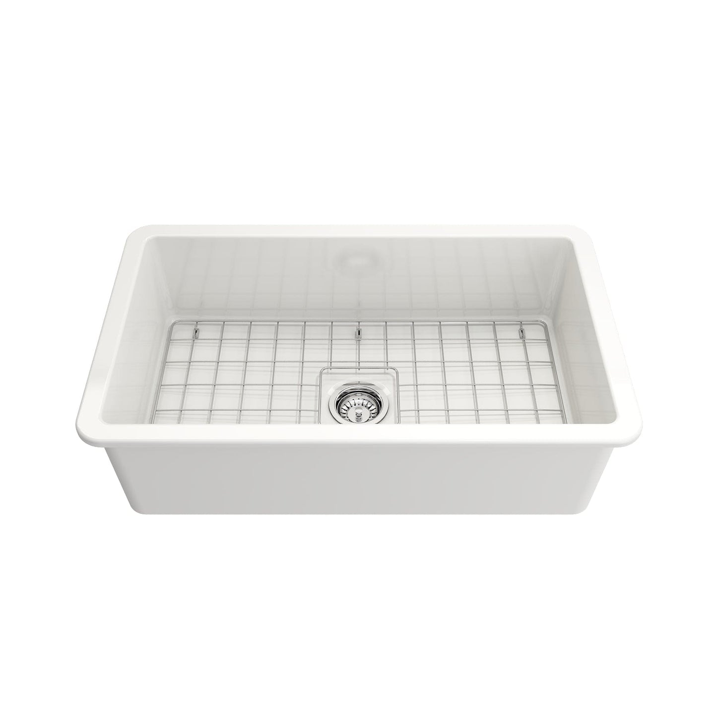 BOCCHI SOTTO 32" Fireclay Modern Undermount Single Bowl Kitchen Sink with Protective Bottom Grid and Strainer top view in white finish.