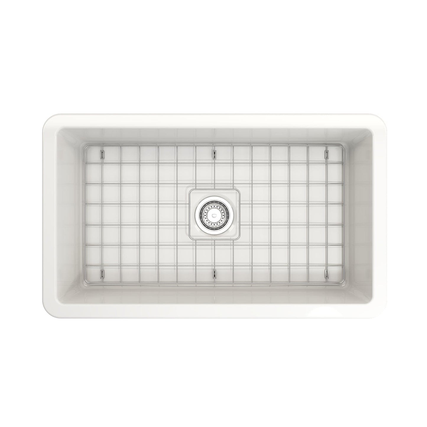 Top view of BOCCHI SOTTO 32" Fireclay Modern Undermount Single Bowl Kitchen Sink with Protective Bottom Grid and Strainer in white.