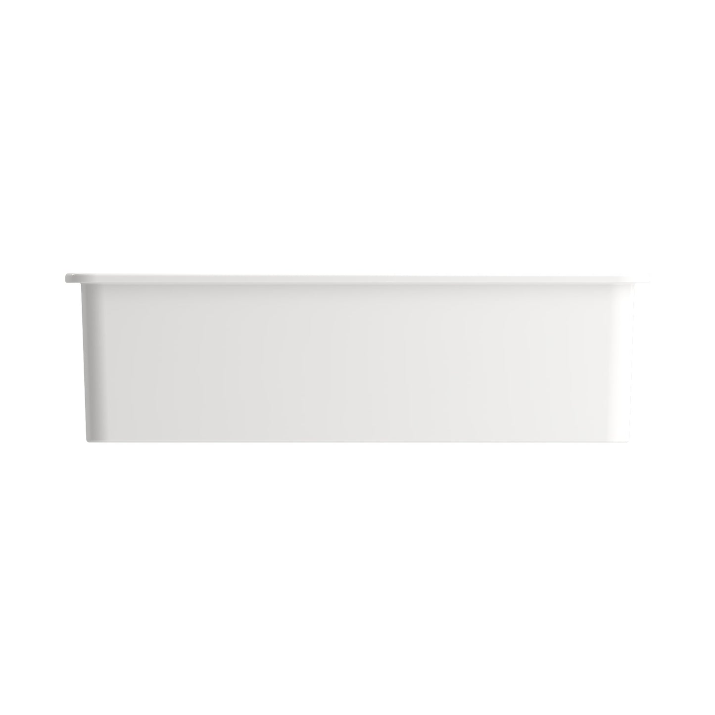 BOCCHI SOTTO 32" Fireclay Modern Undermount Single Bowl Kitchen Sink with Protective Bottom Grid and Strainer, white side view.