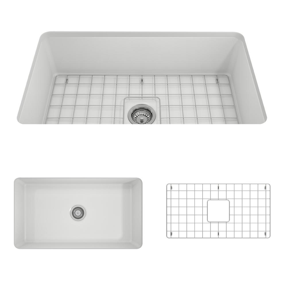 BOCCHI SOTTO 32" Fireclay Modern Undermount Single Bowl Kitchen Sink with Protective Bottom Grid and Strainer top view and bottom grid