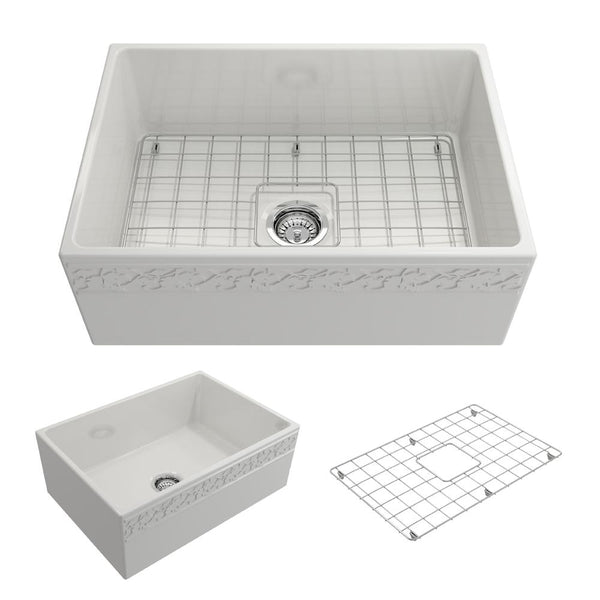 BOCCHI VIGNETO 27 Fireclay Farmhouse Single Bowl Kitchen Sink with Protective Bottom Grid and Strainer, WHITE - 1357-001-0120 - Manor House Sinks