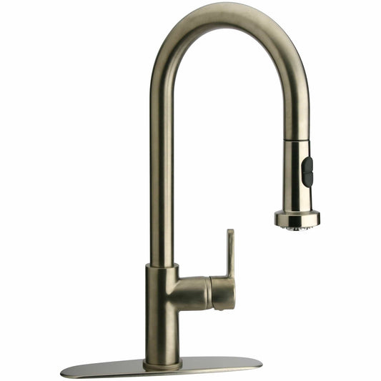 LATOSCANA Elix Single Handle Pull-Down Kitchen Faucet Chrome front view in brushed nickel finish.
