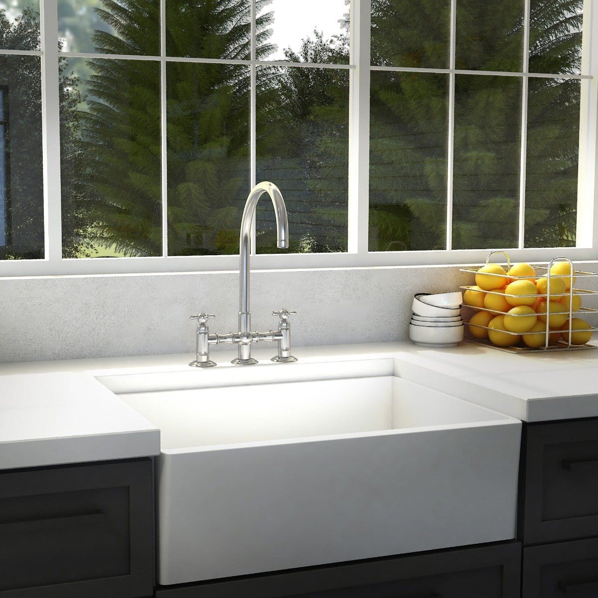 ZLINE Mona Chrome Widespread Kitchen Faucet MNA-KF-CH installed in a modern kitchen sink with natural light.