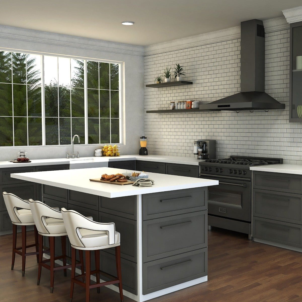 Modern kitchen interior featuring ZLINE Mona Chrome Widespread Kitchen Faucet MNA-KF-CH and spacious island with seating.
