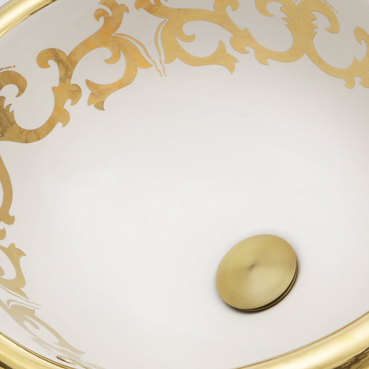 Nantucket Sanremo Italian Fireclay Vanity Sink - RC73240GS featuring elegant gold floral design and brass drain cover.